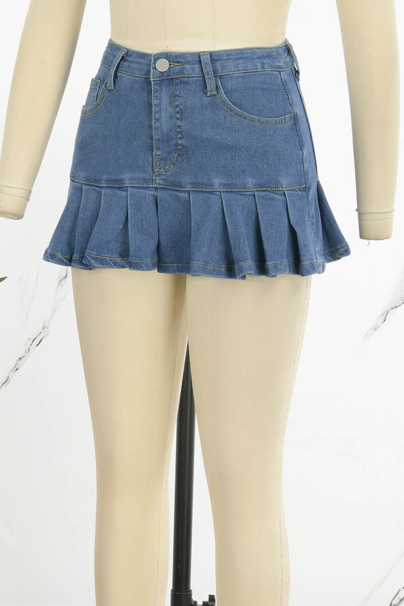 Light Blue Sexy Solid Patchwork Pocket Buttons Zipper Pleated Mid Waist Boot Cut Denim Skirts