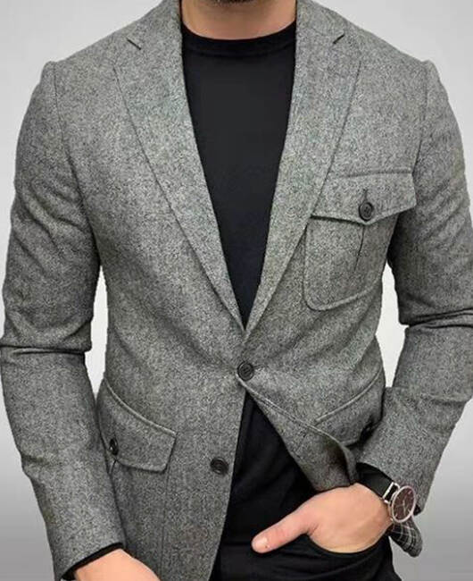 Classic Grey Notch Lapel Two Button Blazer With Flap Pockets