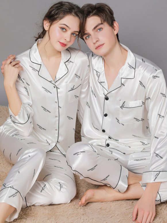 Regular Fit Casual Ice Silk Long Sleeve Couple Pajama Set