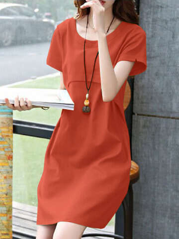 Women Casual Dresses | Solid Short Sleeve Pocket Casual Crew Neck Dress - AX71567