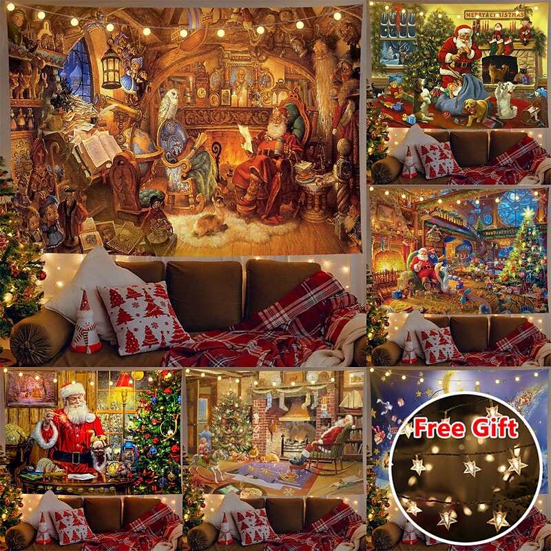 Christmas Decor LED Lights Wall Tapestry Santa Claus Christmas Tree Print