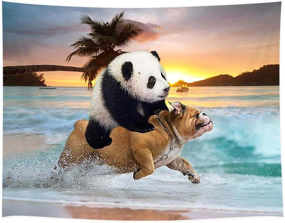 Funny Wall Tapestry Art Decor Wall Hanging Panda Riding Dog on Beach