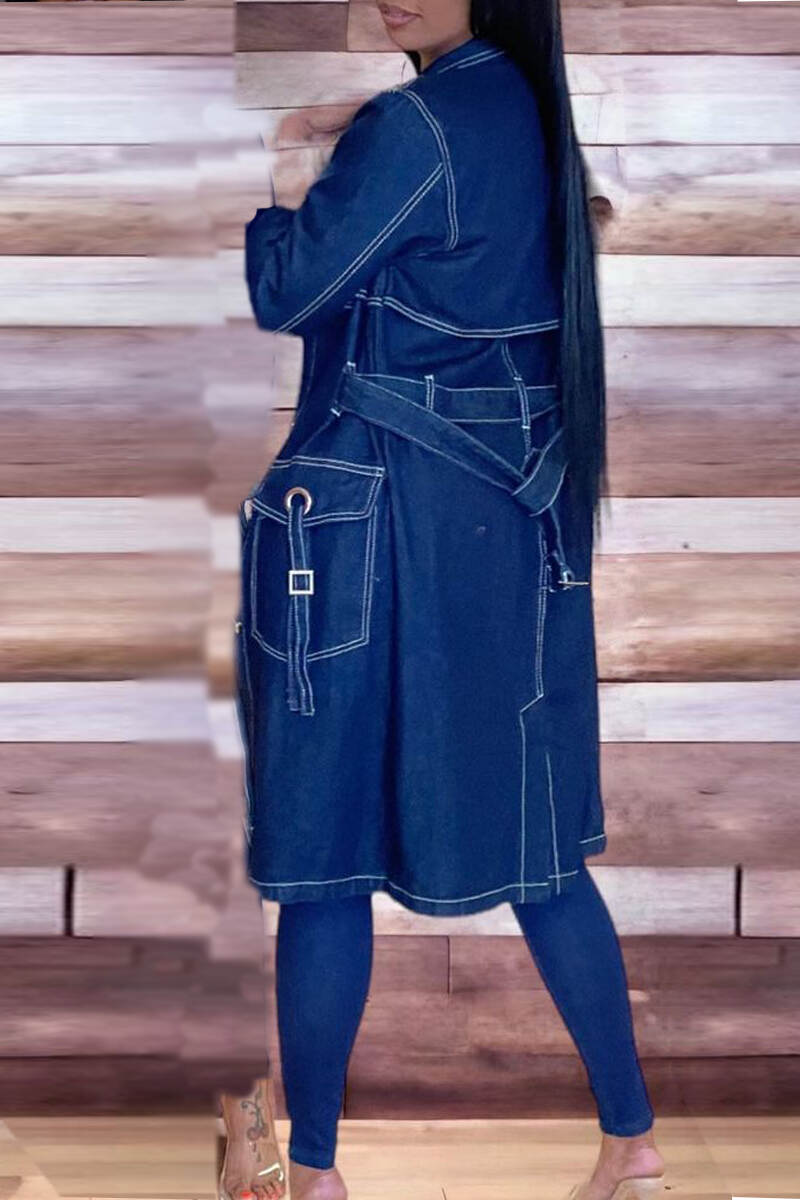 Deep Blue Elegant Solid Patchwork Pocket Frenulum Buckle Cardigan Collar Long Sleeve Mid Waist Straight Denim Jacket