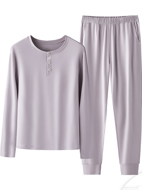 Simple Regular Fit Plain Long Sleeve Pajama Set