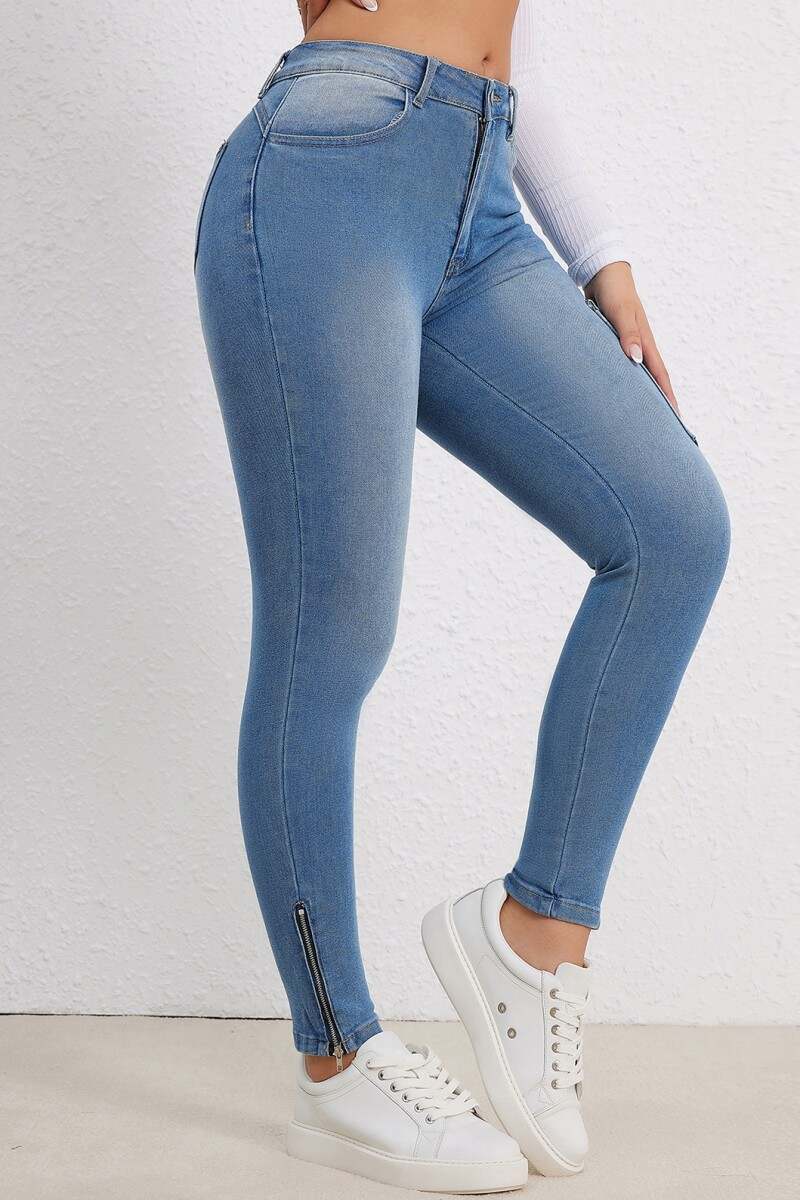 Blue Casual Solid Patchwork High Waist Skinny Denim Jeans