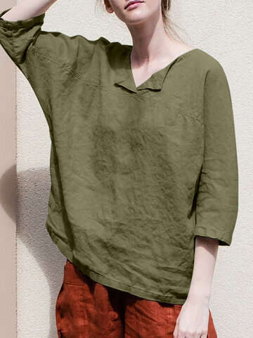 Women Blouses & Shirts | Solid 3/4 Sleeve Loose V-neck Casual Women Blouse - PI14885