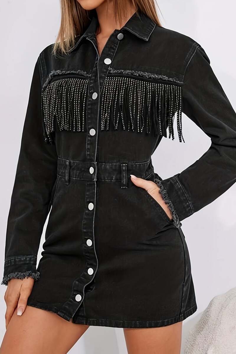 Black Casual Solid Tassel Patchwork Turndown Collar Long Sleeve High Waist Regular Denim Dresses