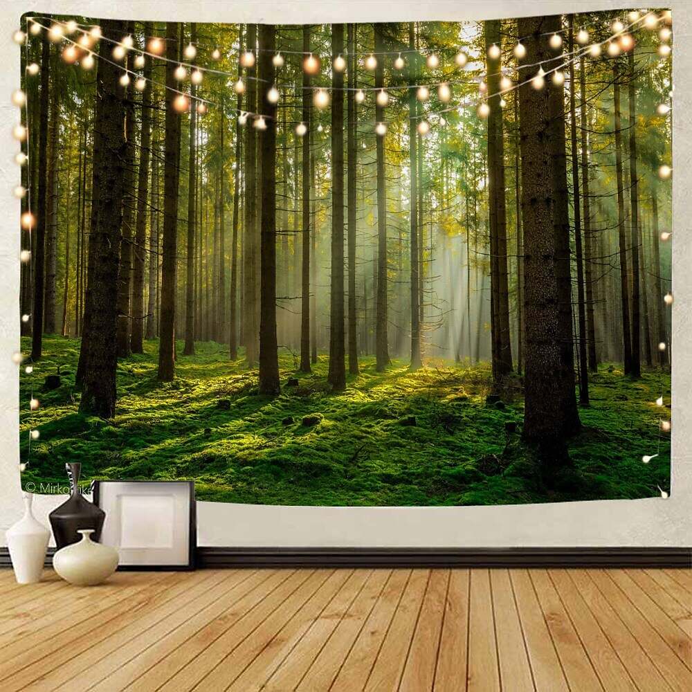 Landscape Tree Wall Tapestry Art Decor Misty Forest Nature Sunshine Through Tree