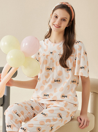 Modal Simple Letter Pattern Regular Fit Short Sleeve Pajama Set