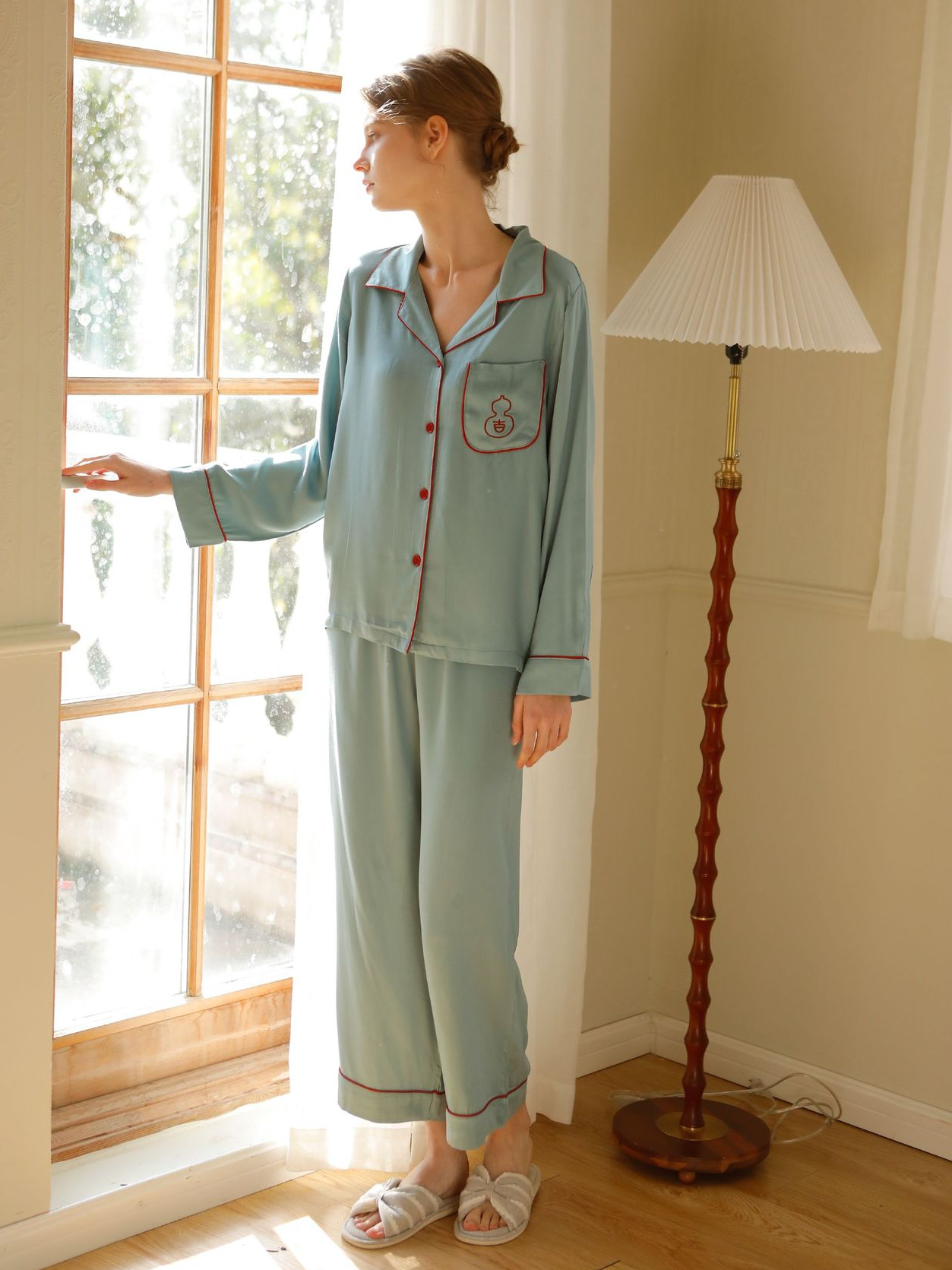 V Neck Regular Fit Simple Long Sleeve Pajama Set