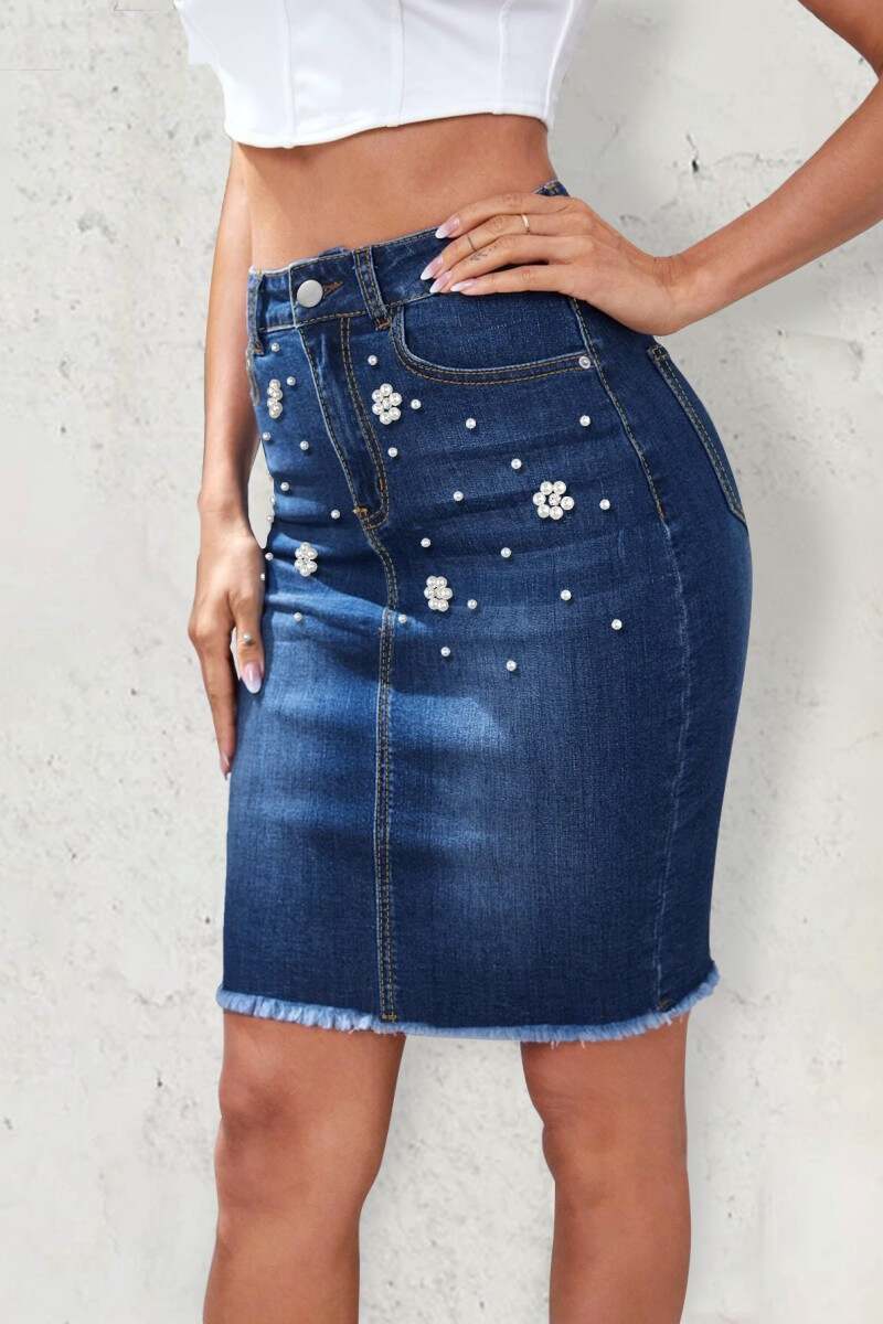 Dark Blue Casual Patchwork Pearl High Waist Regular Denim Skirts