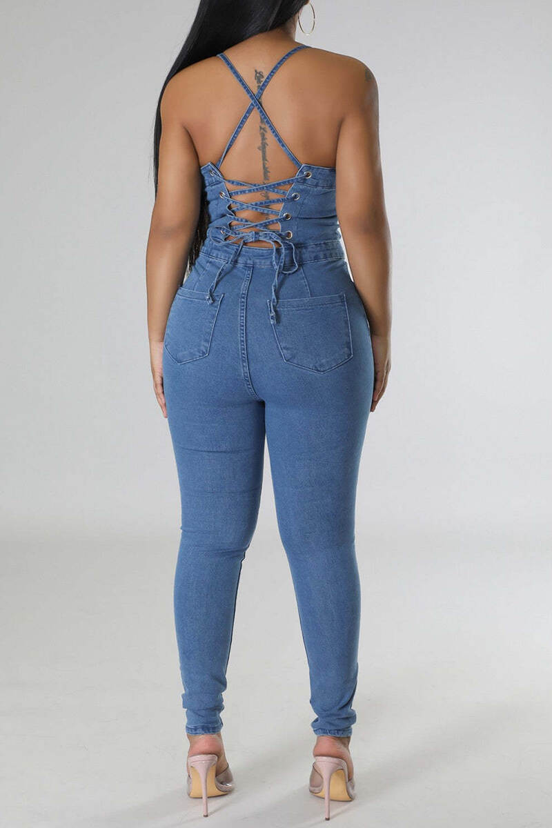 Sky Blue Sexy Casual Solid Backless Spaghetti Strap Sleeveless Skinny Denim Jumpsuits