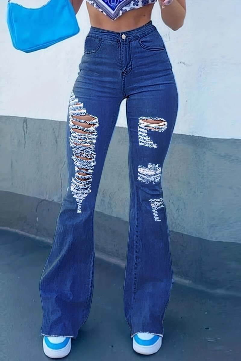 Dark Blue Casual Solid Ripped High Waist Boot Cut Denim Jeans