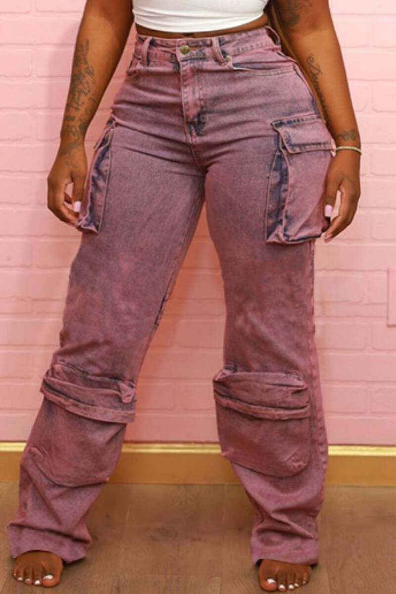 Pink Casual Patchwork Basic Mid Waist Straight Denim Jeans