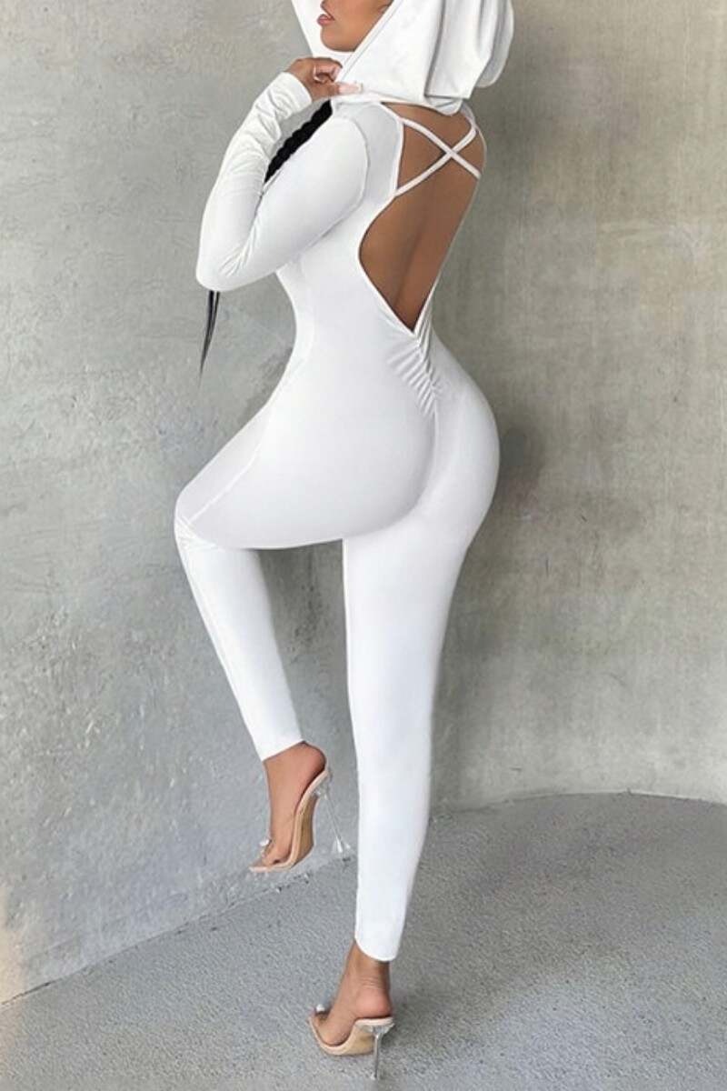 White Casual Solid Backless Hooded Collar Skinny Jumpsuits