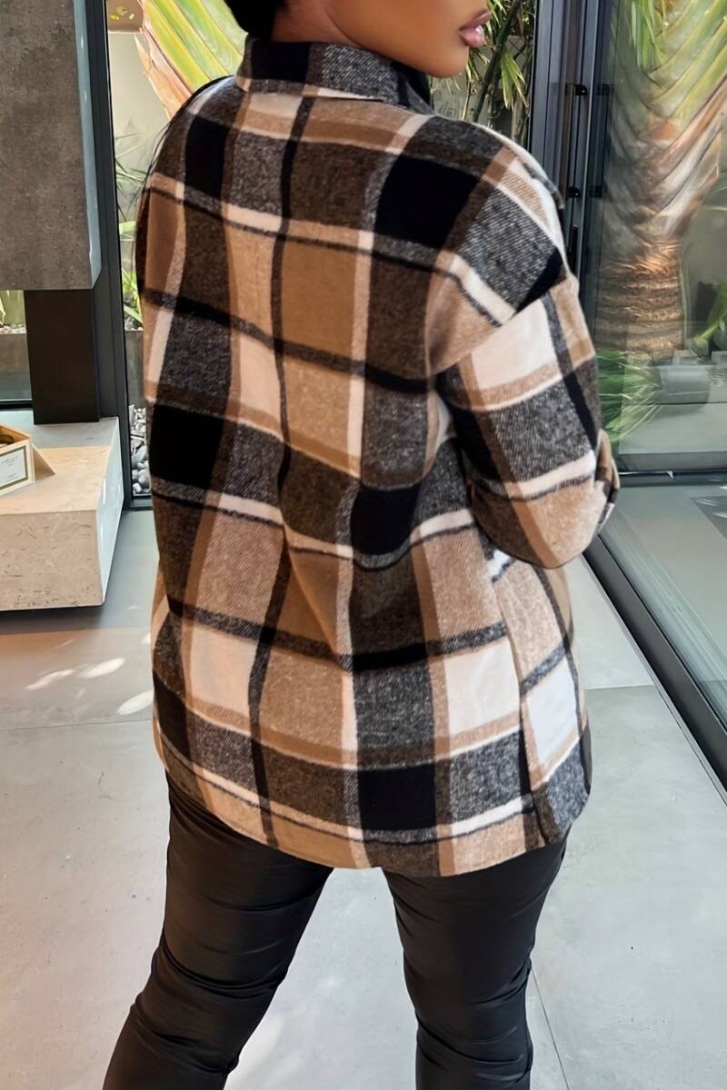 Brown Casual Plaid Print Patchwork Shirt Collar Tops