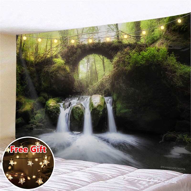 Landscape LED Lights Wall Tapestry Art Decor Forest River Waterfall Print