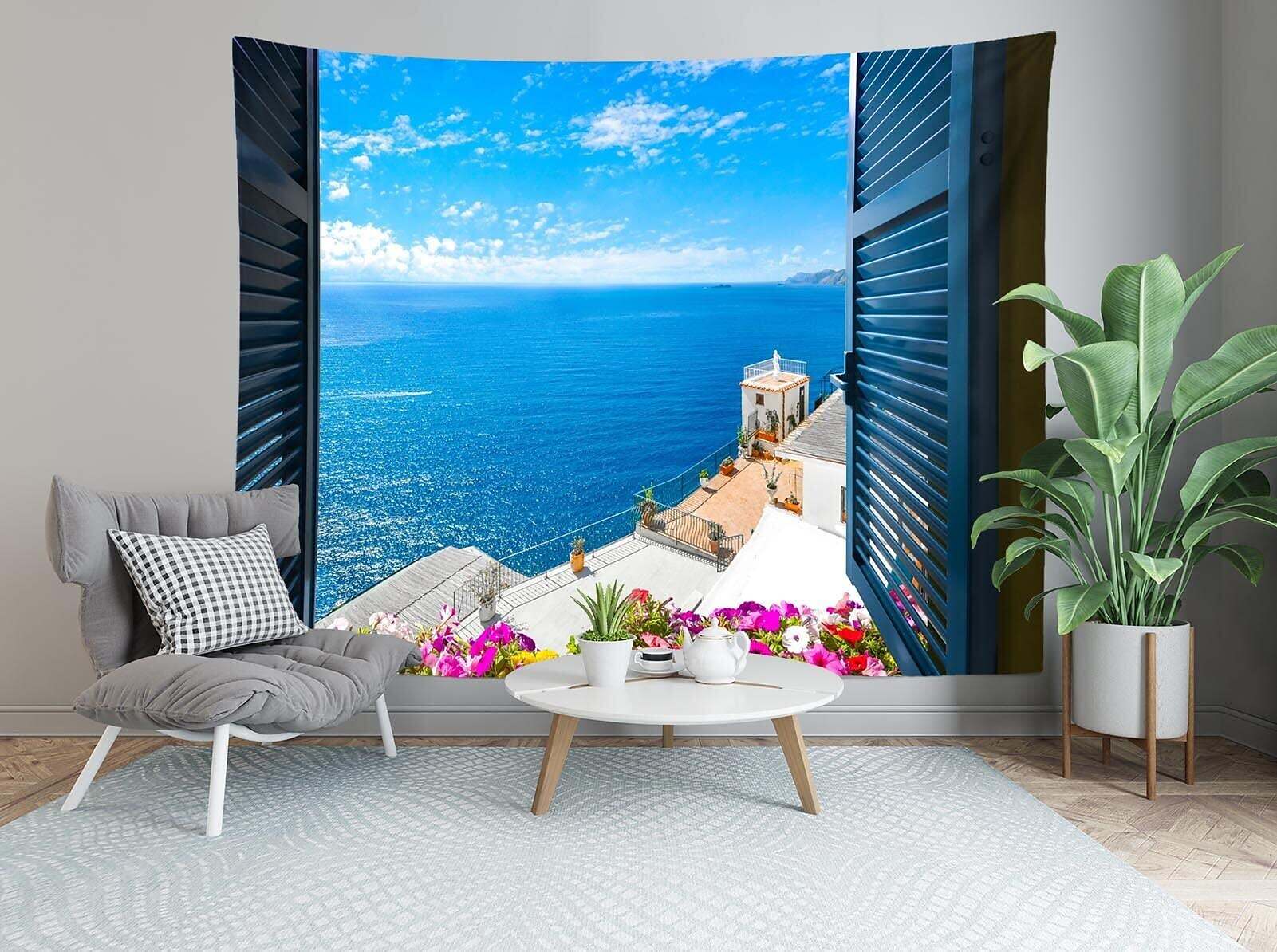 Sea View Window Wall Tapestry Art Decor Photograph Backdrop