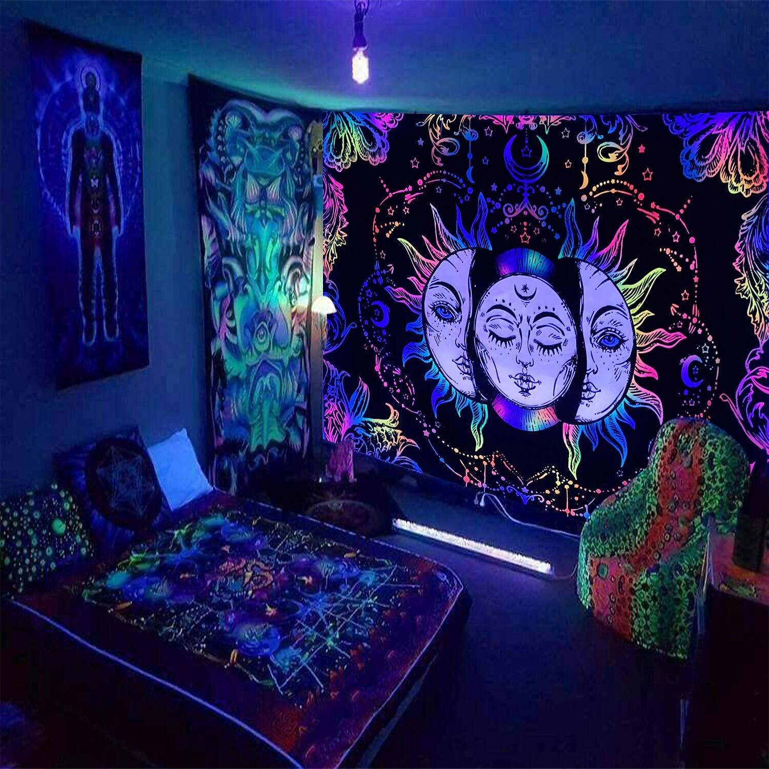 Blacklight UV Reactive Tapestry Trippy Mushroom Decoration Cloth