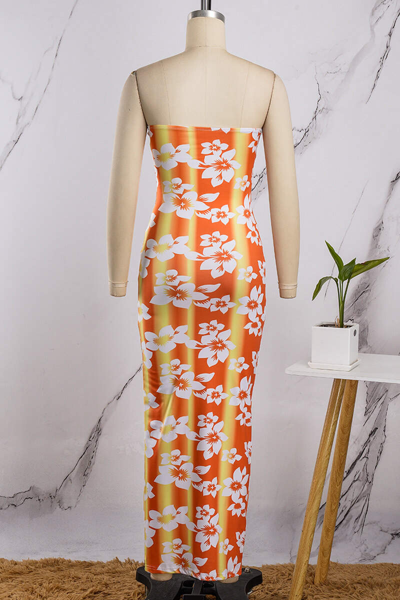 Orange Sexy Casual Print Backless Strapless Long Dress Dresses