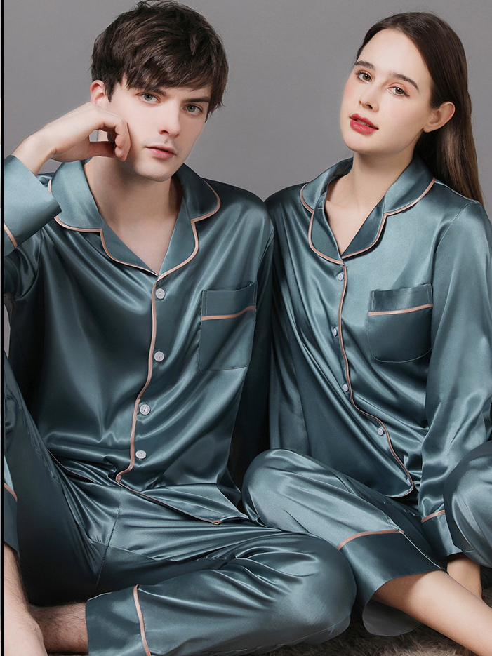 Ice Silk Plain Shawl Collar Casual Long Sleeve Couple Pajama Set