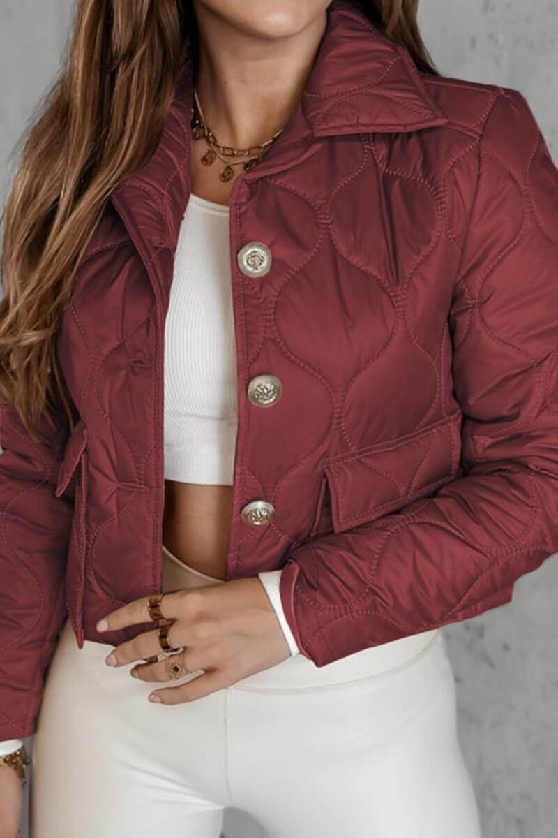 Burgundy Sweet Solid Patchwork Pocket Buckle Turndown Collar Outerwear