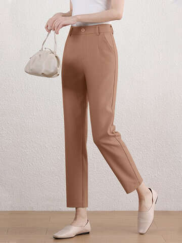 Women Pants & Capris | Solid Pocket Button Zip Tailored Pants For Women - EU24222