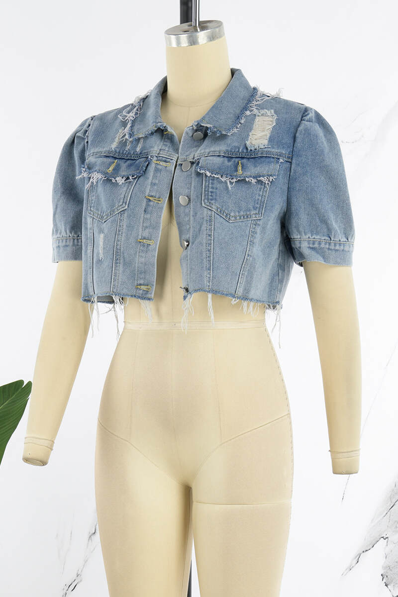 Light Blue Casual Solid Patchwork Turndown Collar Short Sleeve Regular Denim Jacket