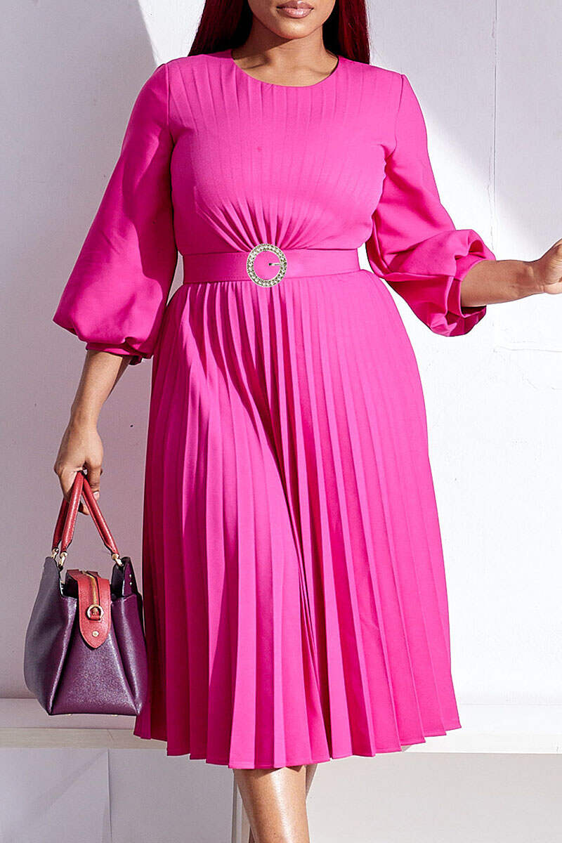 Black Casual Elegant Solid Patchwork Fold With Belt O Neck Straight Dresses(Contain The Belt)