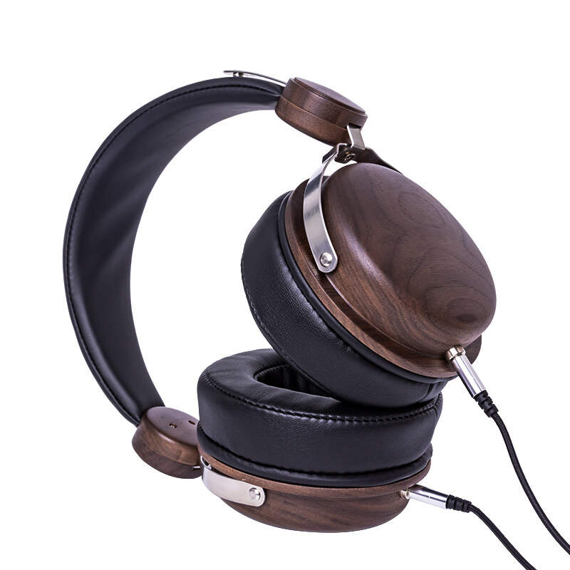 over ear headphones with black wood accents