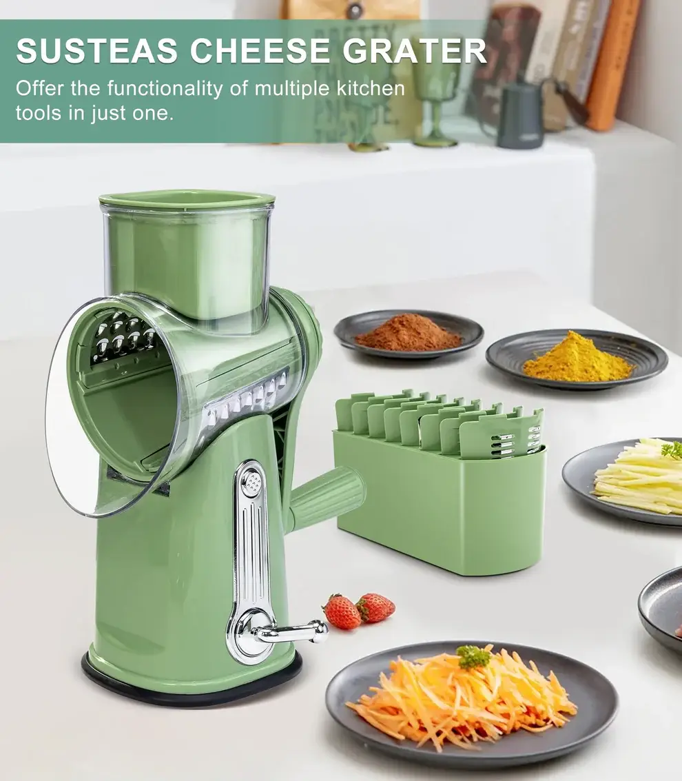 Rotary Cheese Grater with Handle, Vegetable Food Shredder with 5 Well-designed Blades & Strong Suction Base, Round Mandoline Slicer & Fruit Slicer for Kitchen