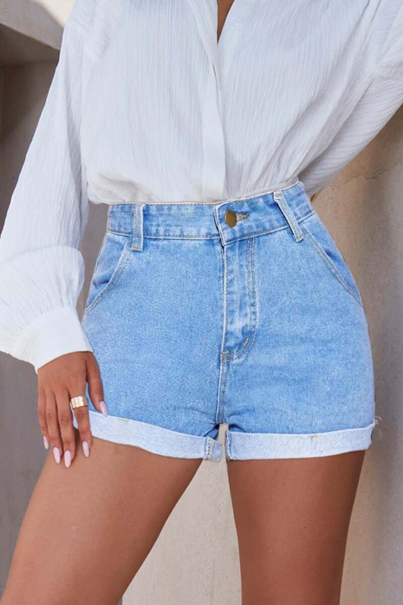 Baby Blue Casual Solid Patchwork High Waist Regular Denim Shorts