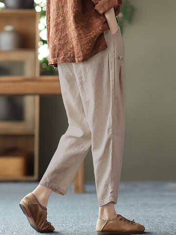 Women Pants & Capris | Solid Pocket Elastic Waist Casual Cotton Pants - VD36288