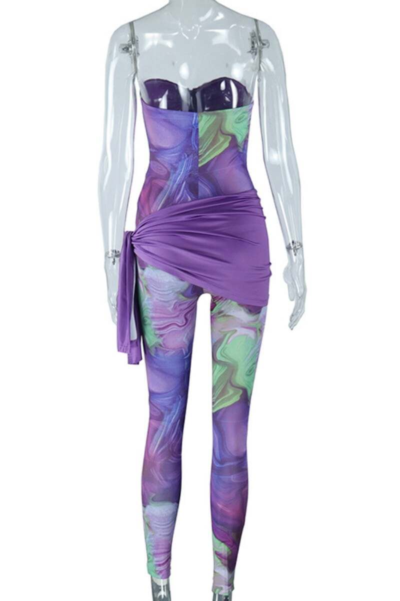 Purple Sexy Print Hollowed Out Patchwork Backless Strapless Skinny Jumpsuits