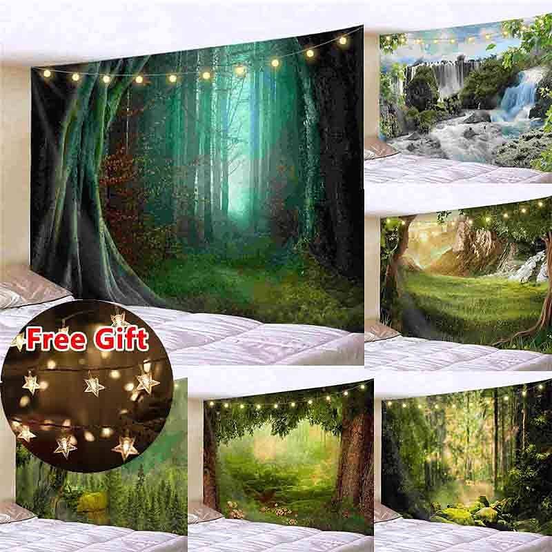 Landscape LED Lights Wall Tapestry Art Decor Forest Sunshine Print