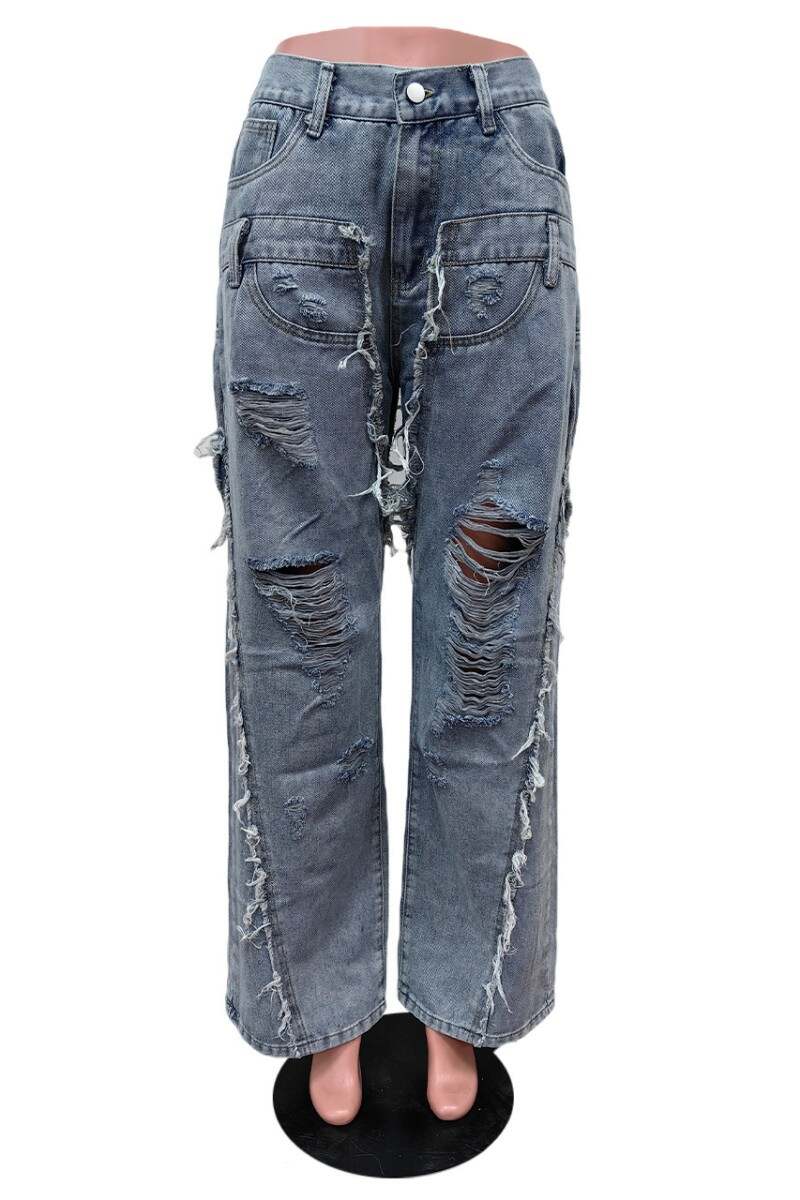 Light Blue Casual Solid Ripped Patchwork High Waist Regular Denim Jeans