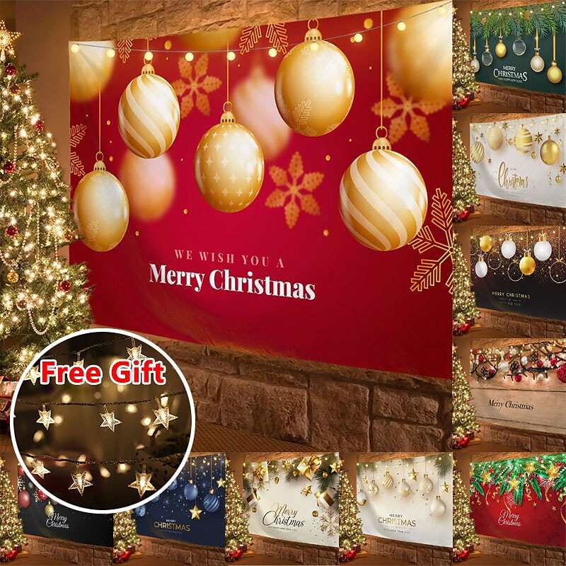 Christmas Decor LED Lights Wall Tapestry Christmas Balls Print