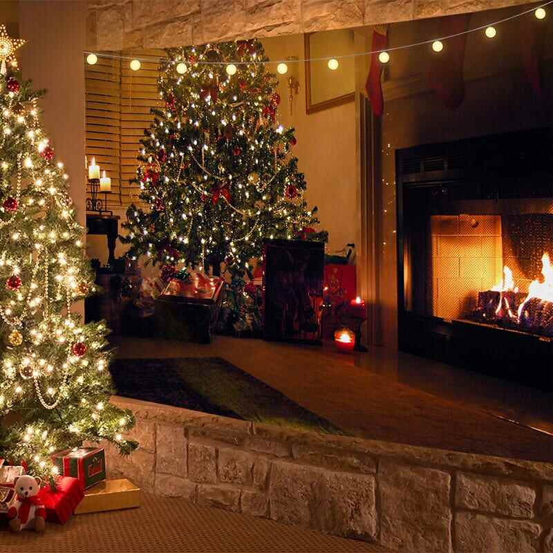 Christmas Decor LED Lights Wall Tapestry Fireplace Christmas Tree Print