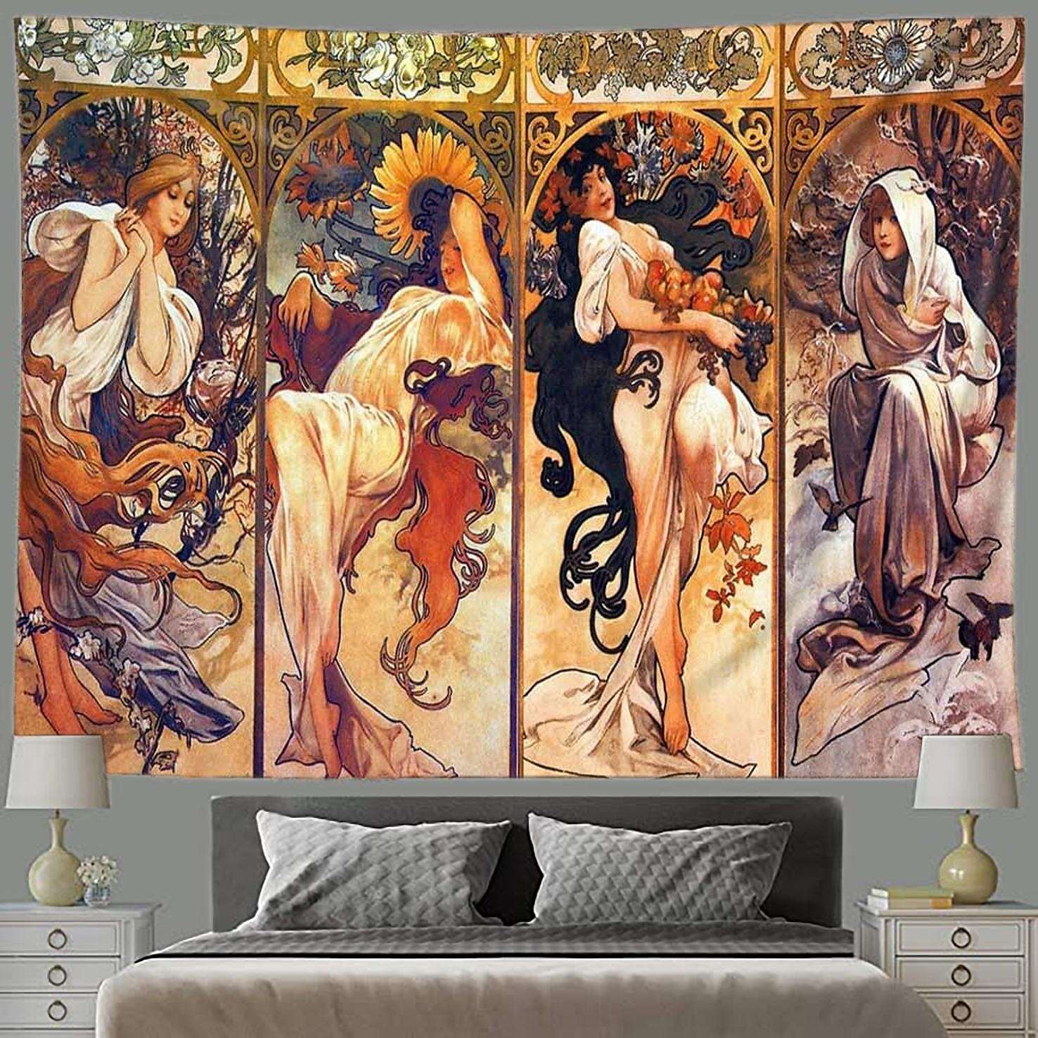 Alphonse Mucha Artwork Four Seasons Painting Tapestry Hanging Wall Art Decor