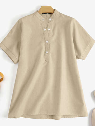 Women Blouses & Shirts | Solid Button Stand Collar Short Sleeve Loose Casual Blouse - CA67352