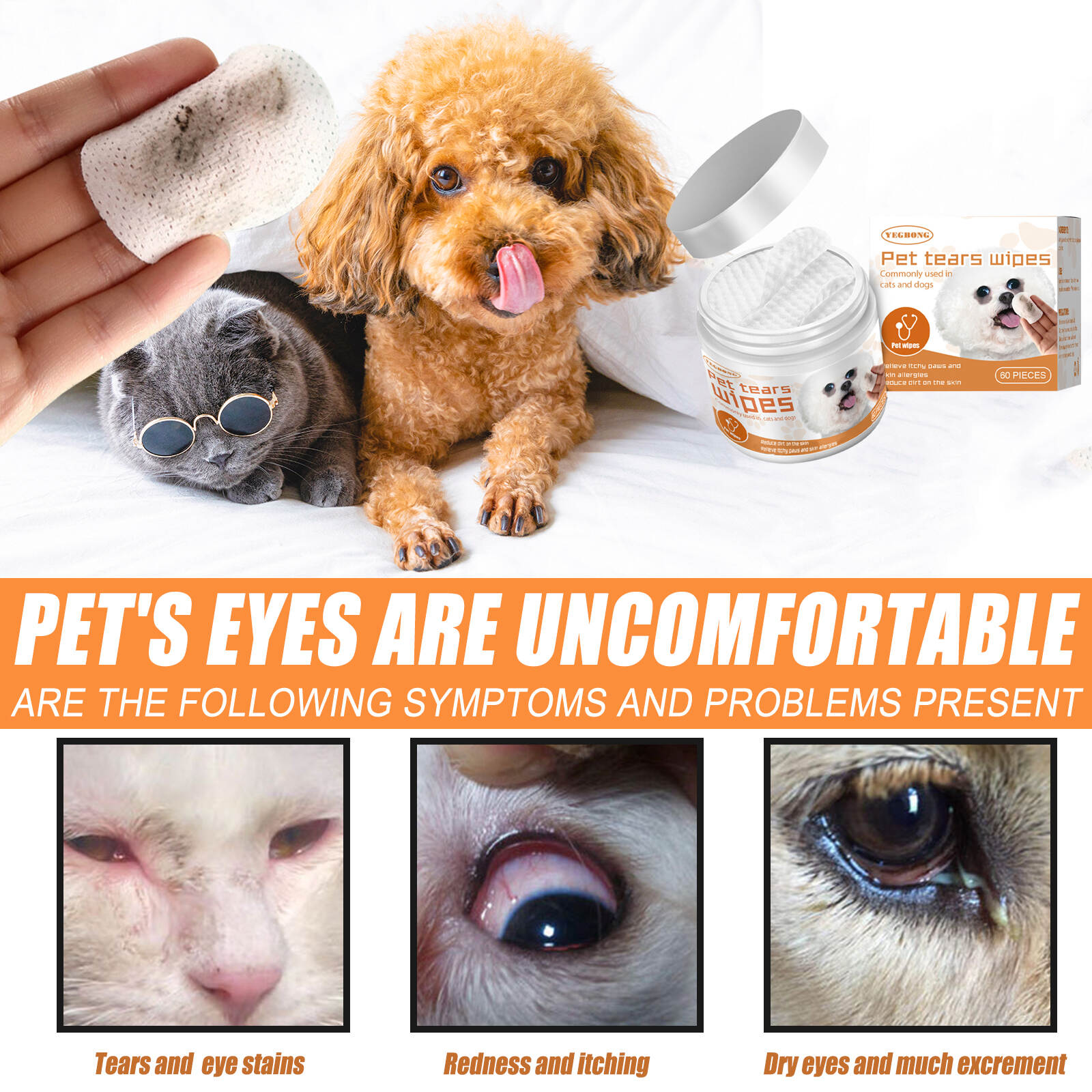 Pet wipes clean dogs and cats' tears, remove eye stains, clean the eyes with wet wipes, and remove eye dirt with cotton pads