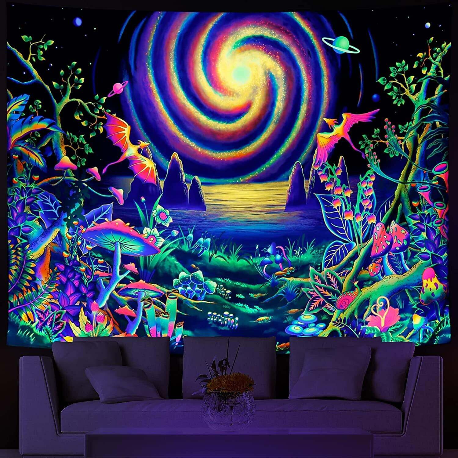 Blacklight Tapestry UV Reactive Trippy Wonderland Misty Mushroom Forest