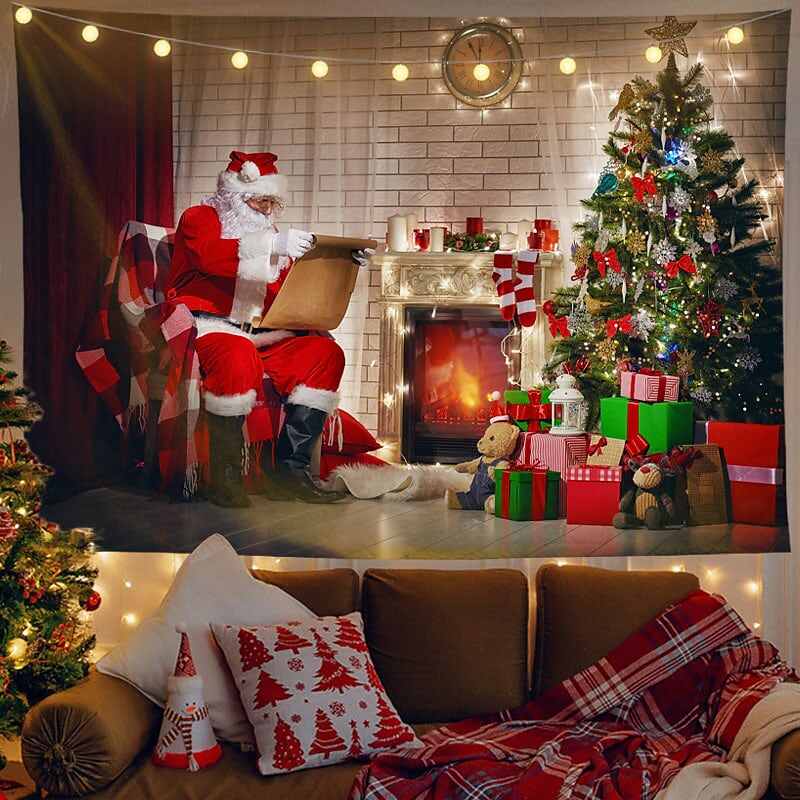 Christmas Decor LED Lights Wall Tapestry Santa Claus Christmas Tree Print