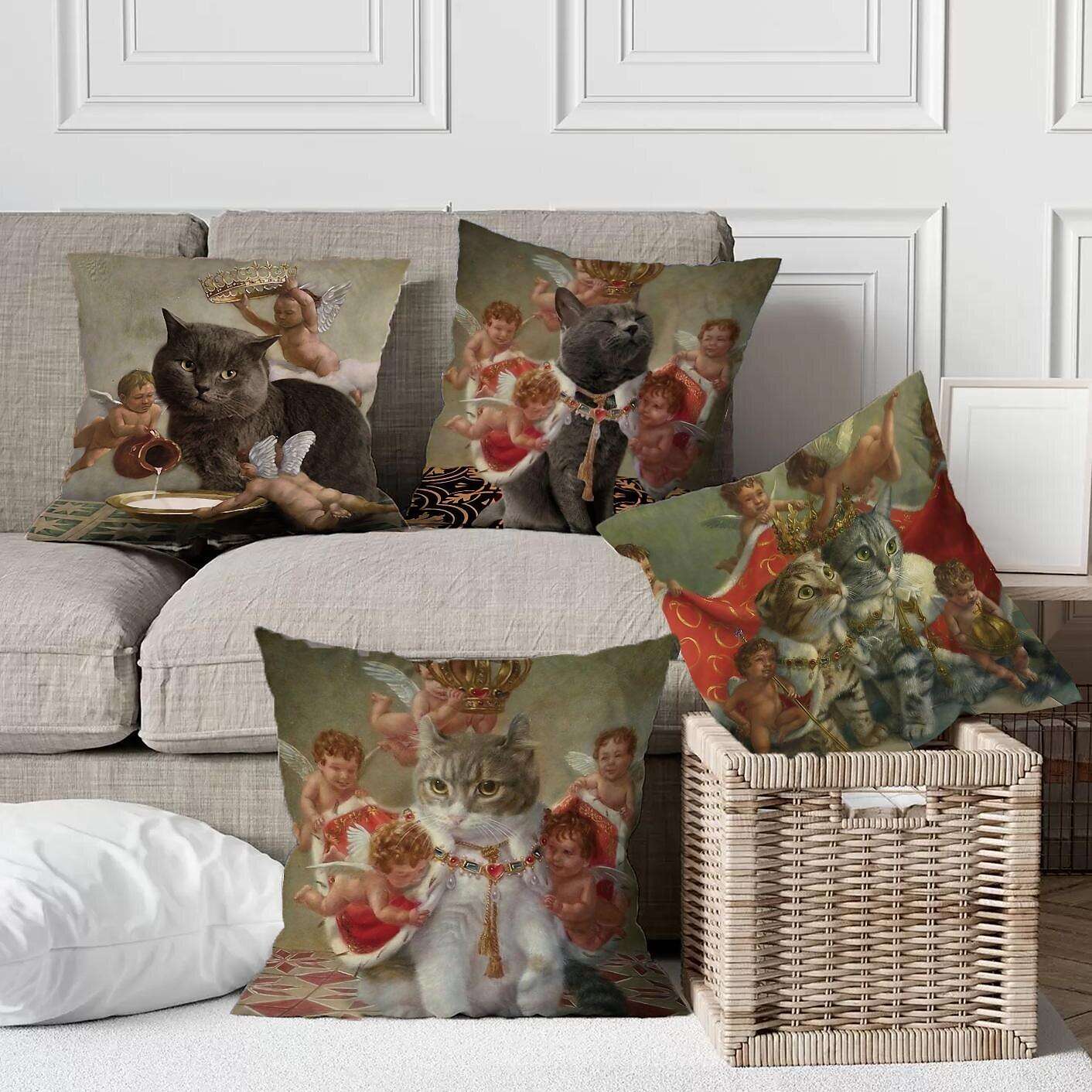 Funny Renaissance Cat Double Side Pillow Cover 4PC