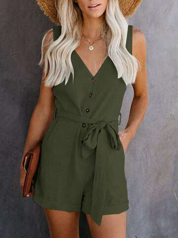 Women Jumpsuits & Rompers | Solid Button Belt Pocket V-neck Rolled Hem Romper - JN55152