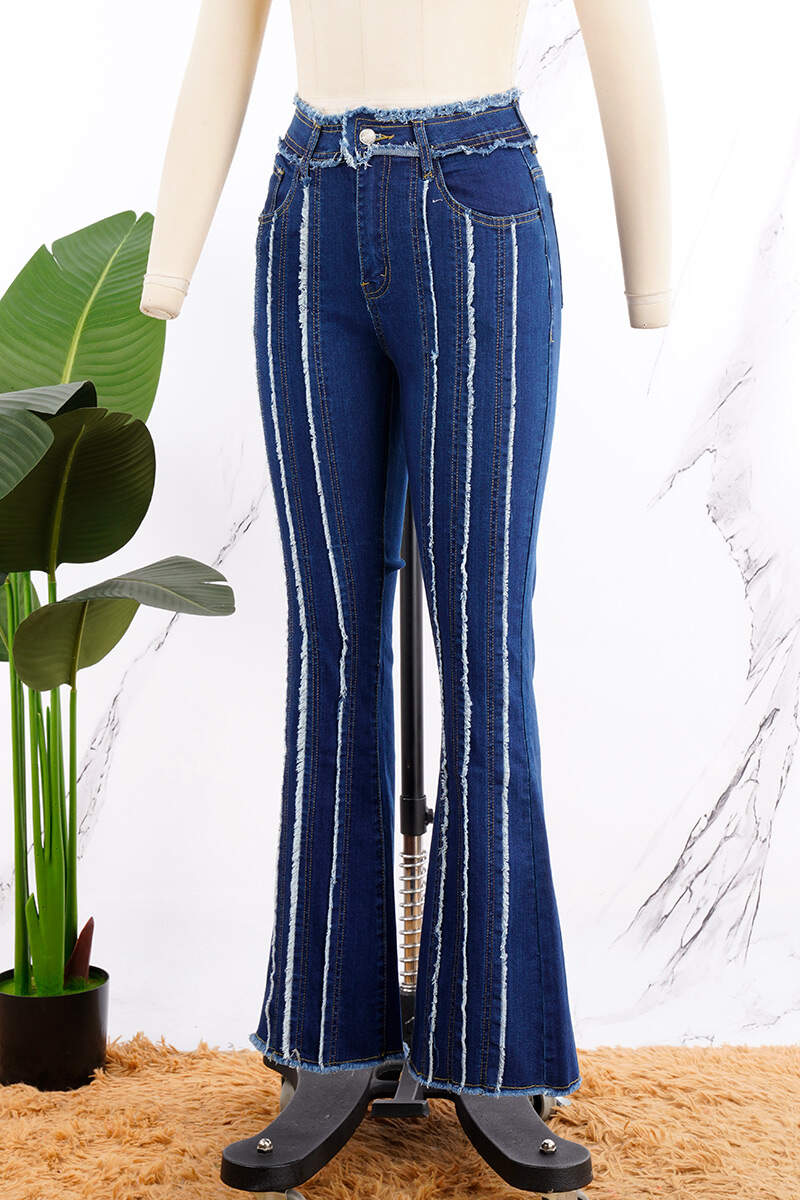 Deep Blue Casual Solid Patchwork High Waist Regular Denim Jeans