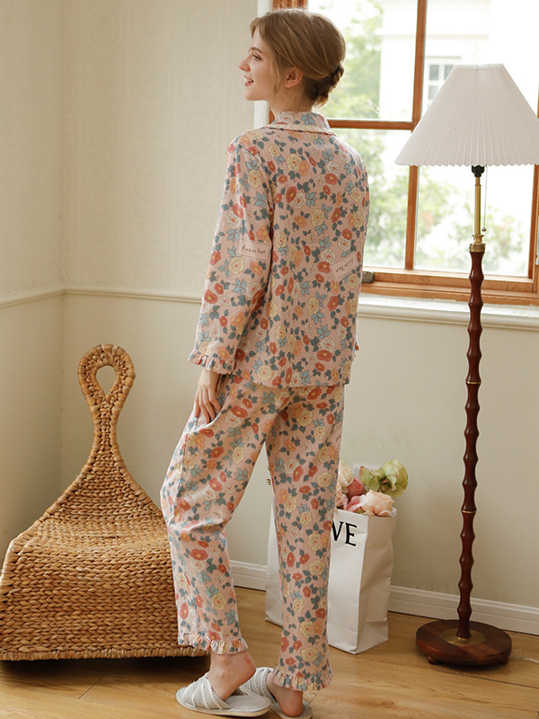 Casual Floral Regular Fit Cotton Simple Long Sleeve Pajama Set