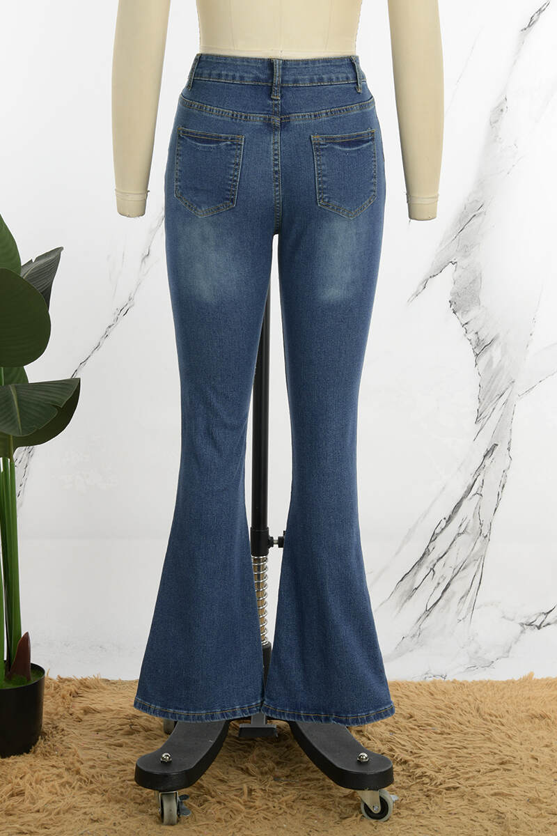 Deep Blue Casual Solid Buttons High Waist Skinny Denim Jeans