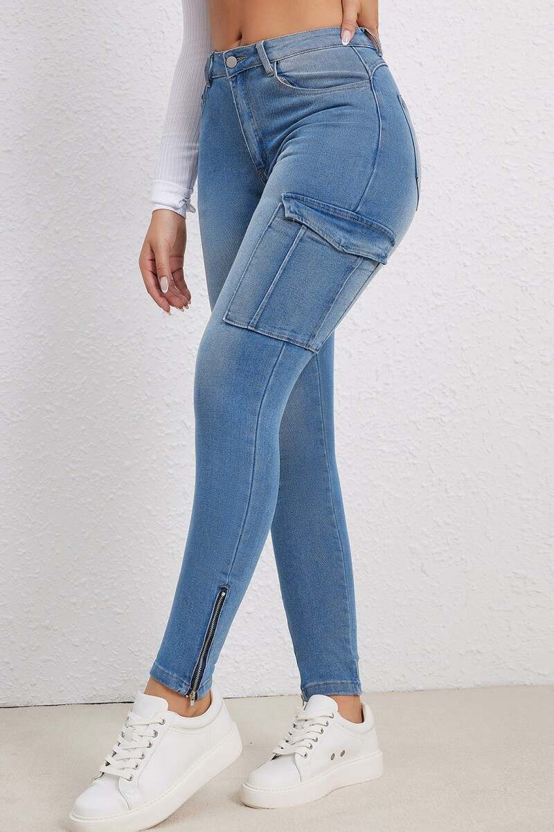 Blue Casual Solid Patchwork High Waist Skinny Denim Jeans