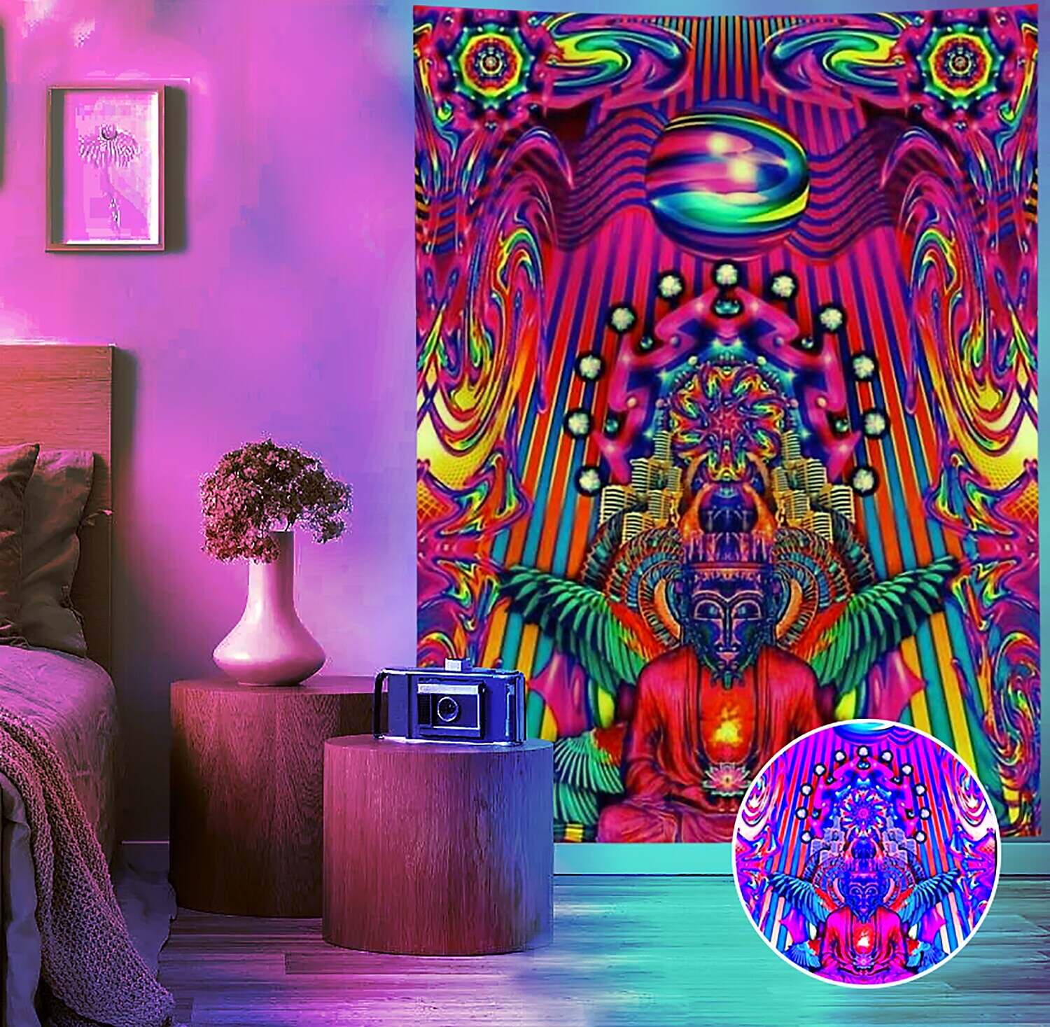 Trippy Blacklight UV Reactive Wall Tapestry Galaxy Alien Psychedelic Monster